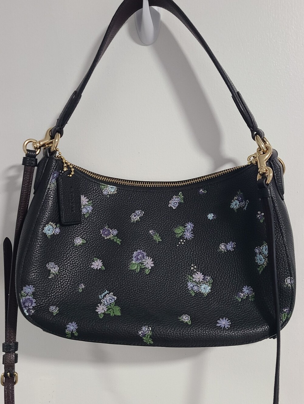 Coach Black Pebbled Leather Shoulder Bag with Purple & Green Floral Print - Picture 4 of 4